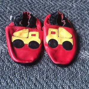 Robeez Red Leather Baby Slippers with Yellow Truck Applique